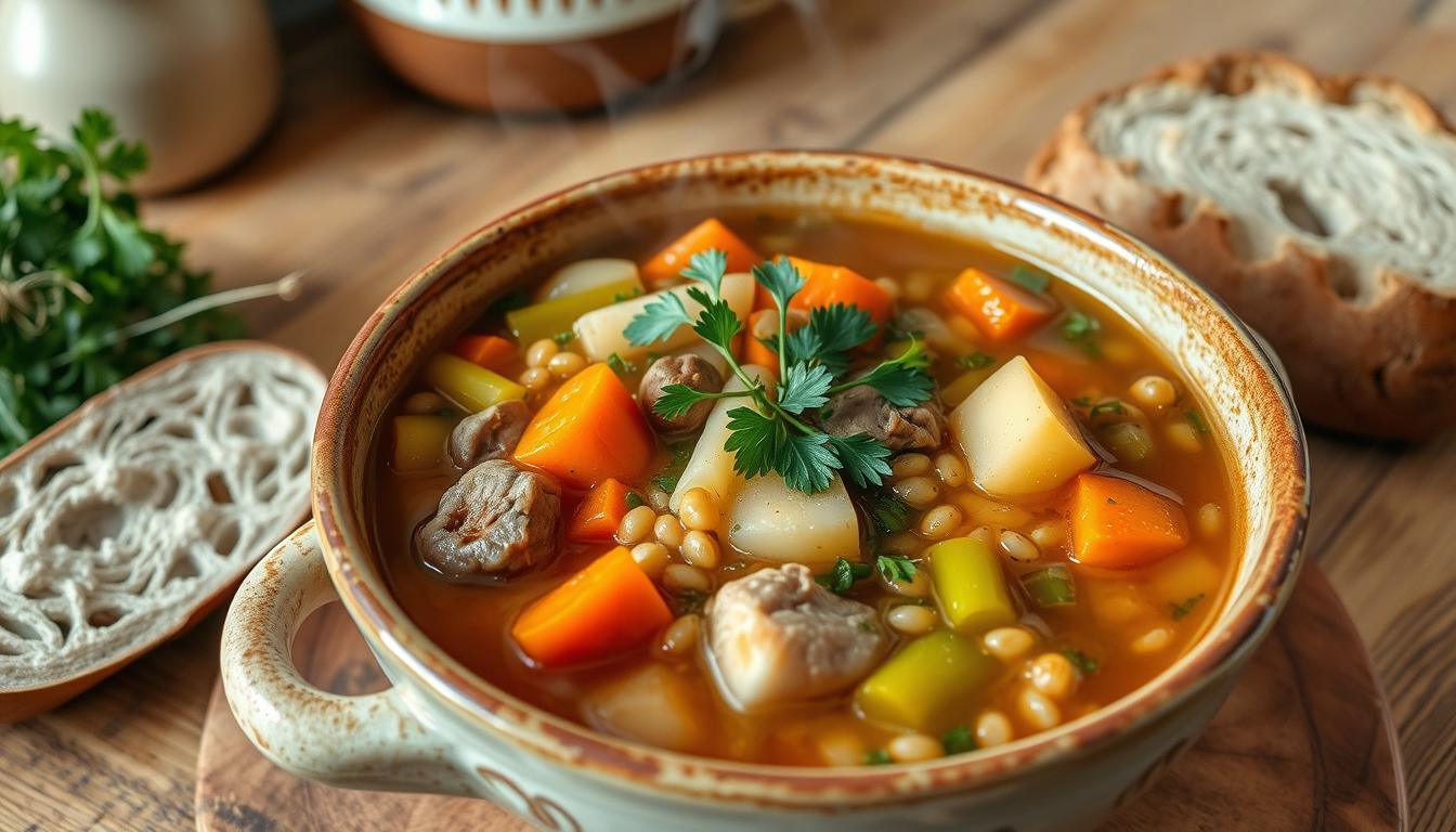 Krupnik – Gerstensuppe mit Gemüse und Fleisch.
